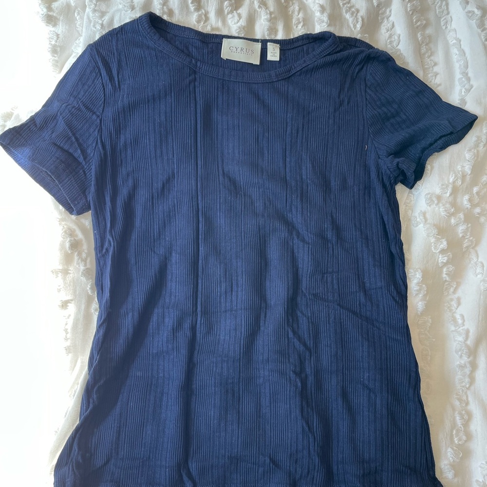 Cyrus Blue Ribbed Fitted Short Sleeve T-Shirt